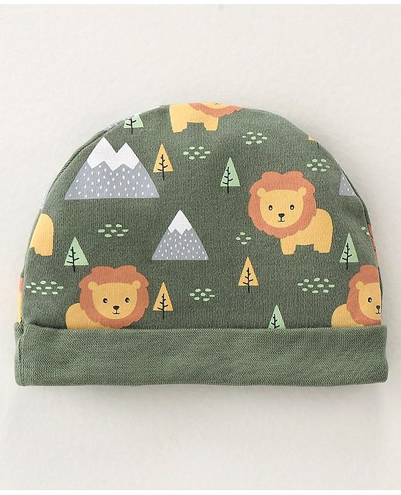 Babyhug 100% Cotton Knit Cap Mittens & Booties Set with Lion Print - Green