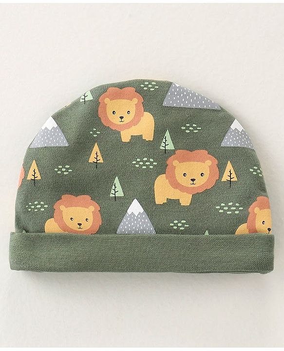 Babyhug 100% Cotton Knit Cap Mittens & Booties Set with Lion Print - Green