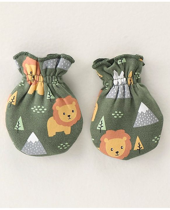 Babyhug 100% Cotton Knit Cap Mittens & Booties Set with Lion Print - Green