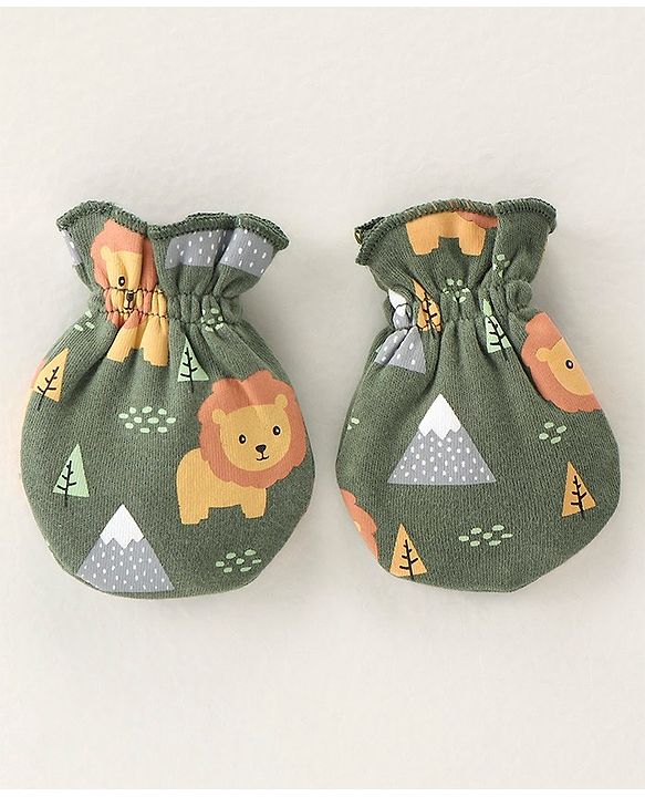 Babyhug 100% Cotton Knit Cap Mittens & Booties Set with Lion Print - Green
