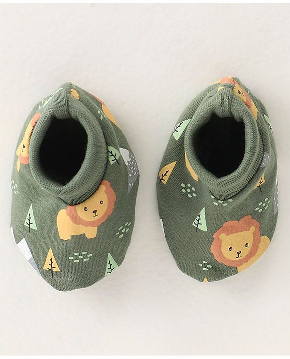 Babyhug 100% Cotton Knit Cap Mittens & Booties Set with Lion Print - Green