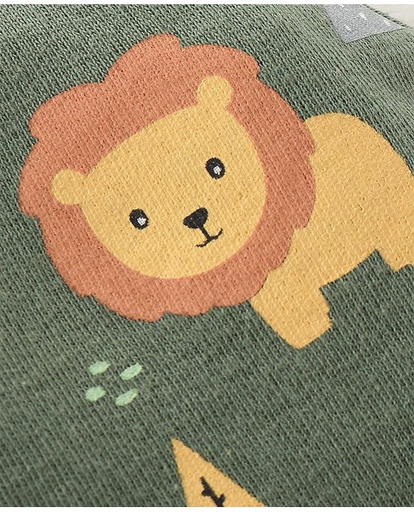 Babyhug 100% Cotton Knit Cap Mittens & Booties Set with Lion Print - Green