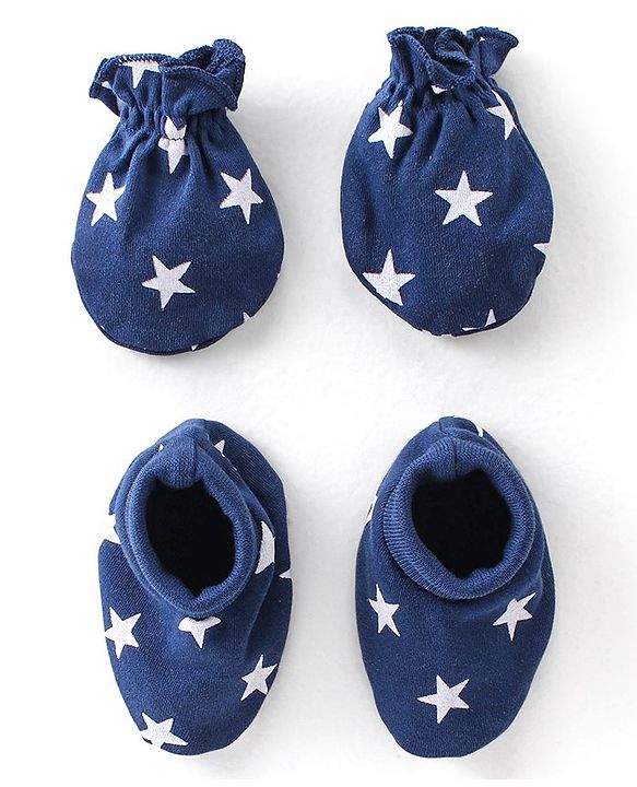 Babyhug 100% Cotton Knit Mittens & Booties Star Print - Blue