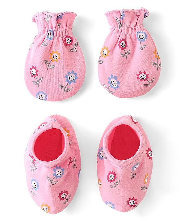 Babyhug 100% Cotton Knit Floral Print Mittens & Booties - Pink