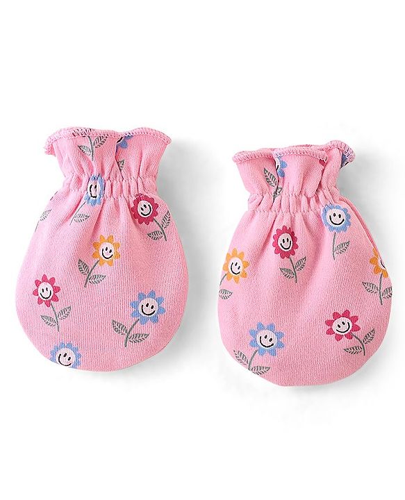 Babyhug 100% Cotton Knit Floral Print Mittens & Booties - Pink