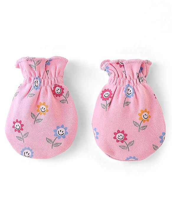Babyhug 100% Cotton Knit Floral Print Mittens & Booties - Pink
