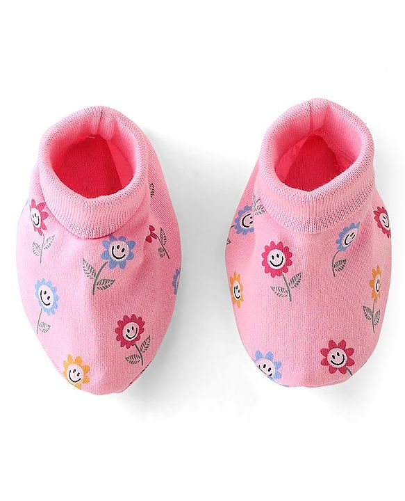 Babyhug 100% Cotton Knit Floral Print Mittens & Booties - Pink