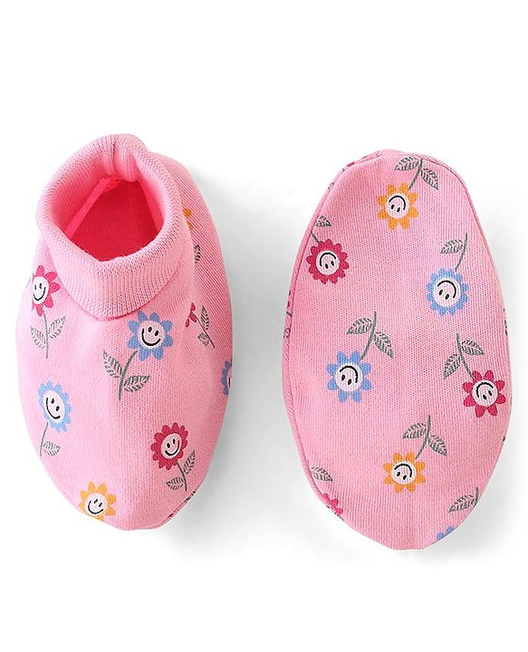 Babyhug 100% Cotton Knit Floral Print Mittens & Booties - Pink
