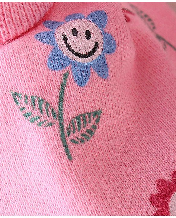 Babyhug 100% Cotton Knit Floral Print Mittens & Booties - Pink