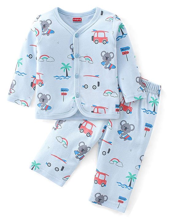 Babyhug 100% Cotton Knit Full Sleeves T-Shirt and Pajama Car Print- Blue
