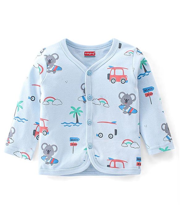 Babyhug 100% Cotton Knit Full Sleeves T-Shirt and Pajama Car Print- Blue