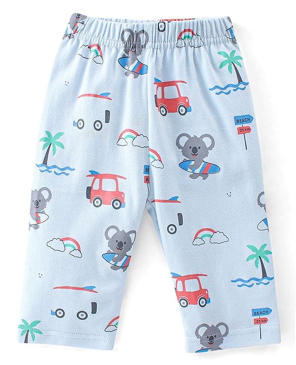 Babyhug 100% Cotton Knit Full Sleeves T-Shirt and Pajama Car Print- Blue