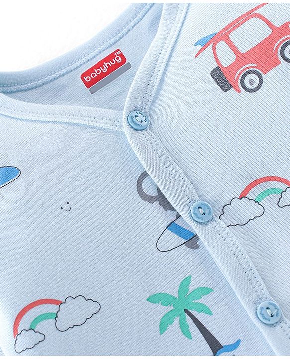 Babyhug 100% Cotton Knit Full Sleeves T-Shirt and Pajama Car Print- Blue
