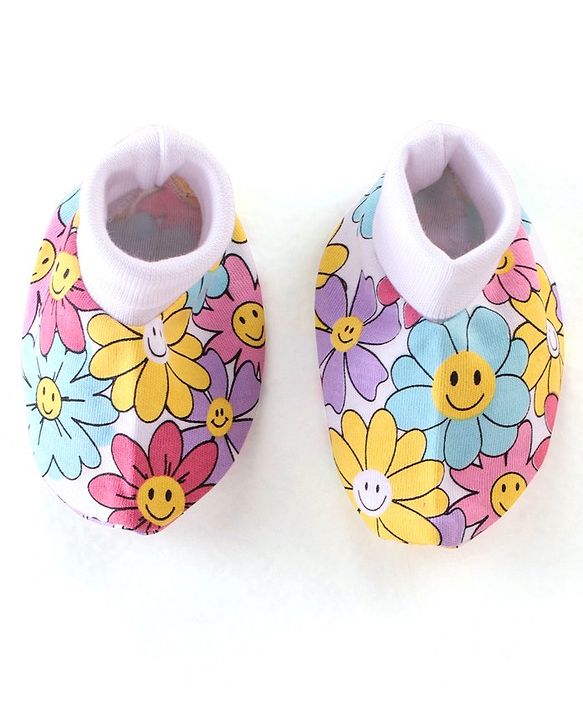 Babyhug 100% Cotton Knit Floral Print Mittens & Booties - Multicolor