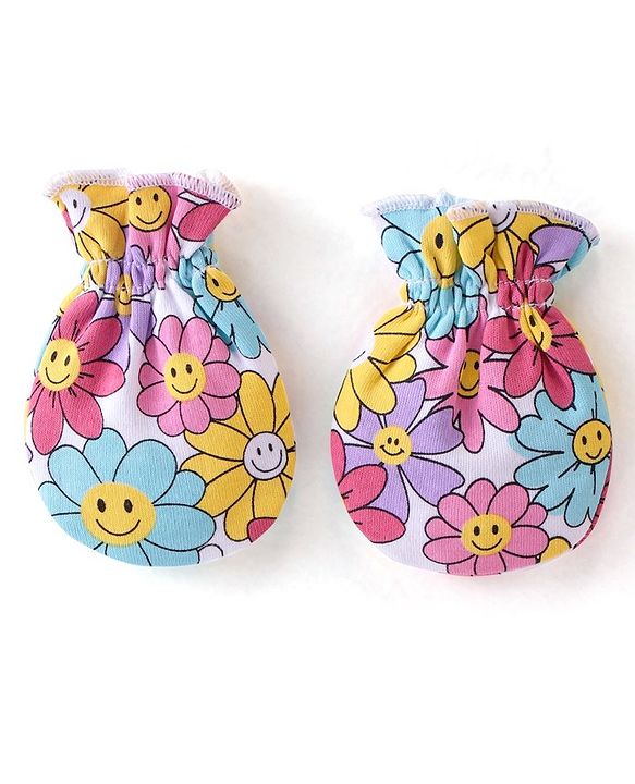 Babyhug 100% Cotton Knit Floral Print Mittens & Booties - Multicolor