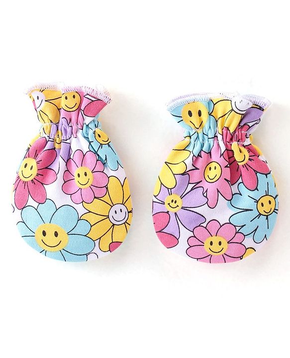 Babyhug 100% Cotton Knit Floral Print Mittens & Booties - Multicolor