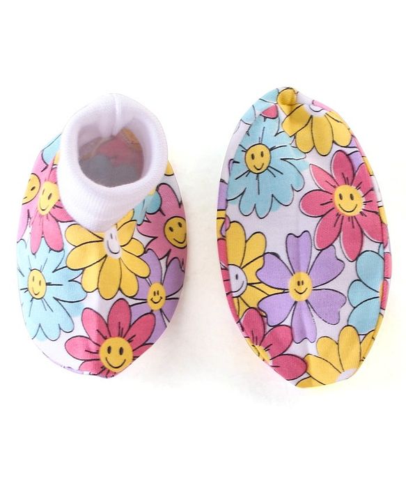Babyhug 100% Cotton Knit Floral Print Mittens & Booties - Multicolor