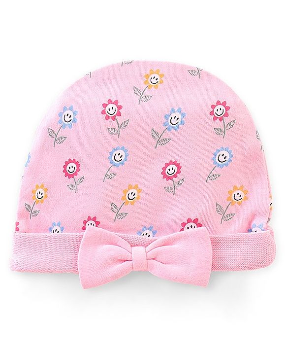 Babyhug 100% Cotton Knit Cap Floral Print With Bow - Pink