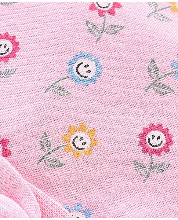 Babyhug 100% Cotton Knit Cap Floral Print With Bow - Pink