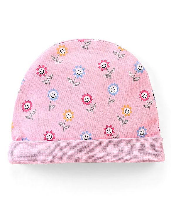 Babyhug 100% Cotton Knit Cap Floral Print With Bow - Pink