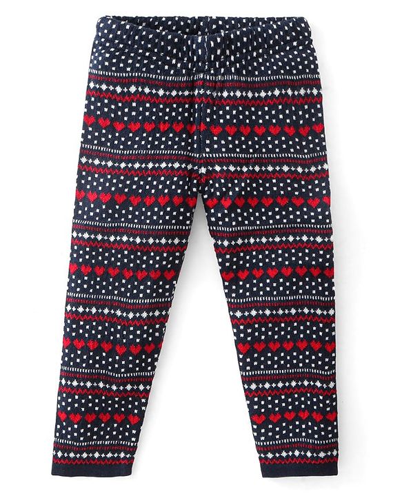 Babyhug Fleece Full Length Pants With Heart Print - Navy Blue