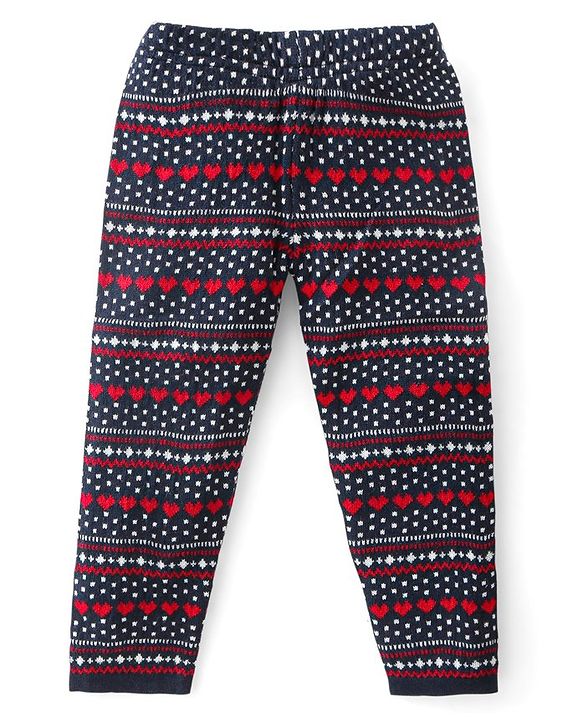 Babyhug Fleece Full Length Pants With Heart Print - Navy Blue