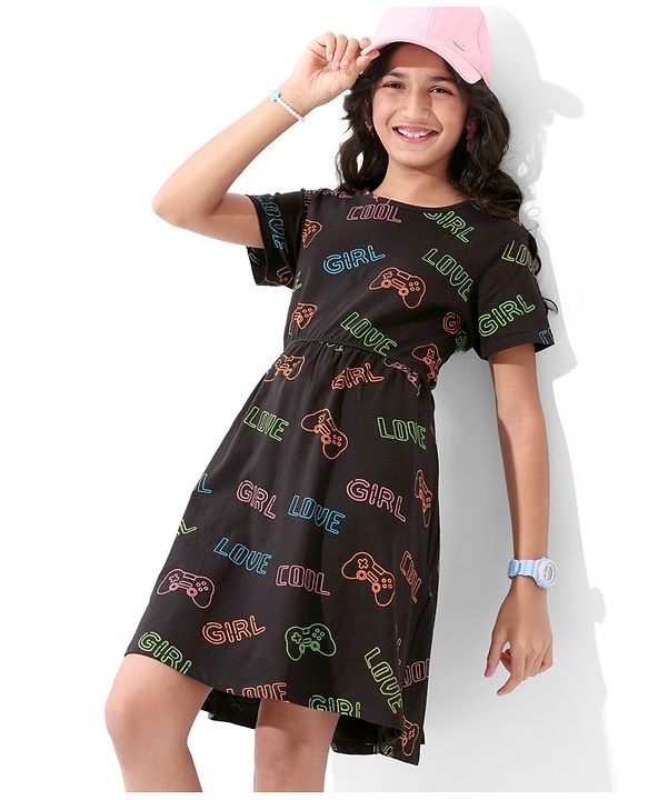 Pine Kids Cotton Knitted Text Printed Half Sleeves Frock - Black