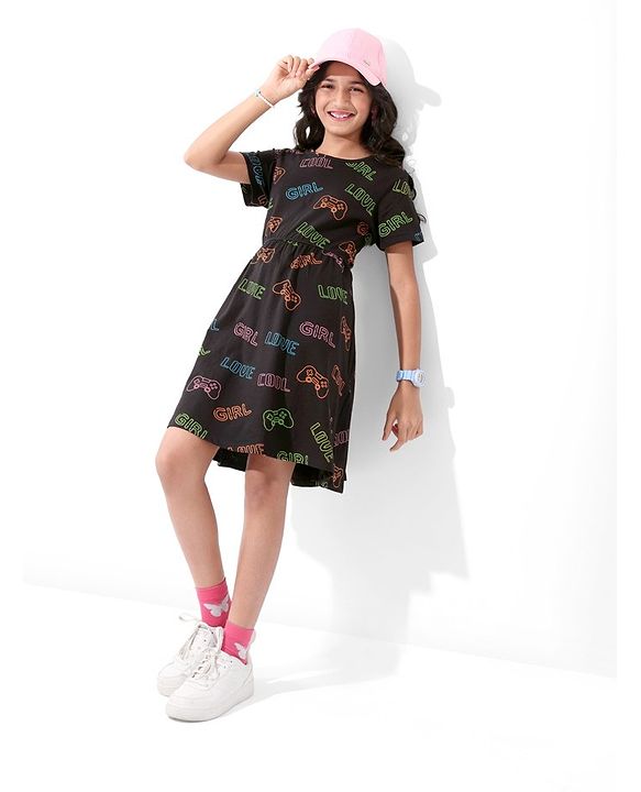 Pine Kids Cotton Knitted Text Printed Half Sleeves Frock - Black
