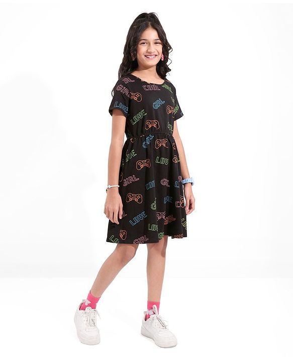 Pine Kids Cotton Knitted Text Printed Half Sleeves Frock - Black