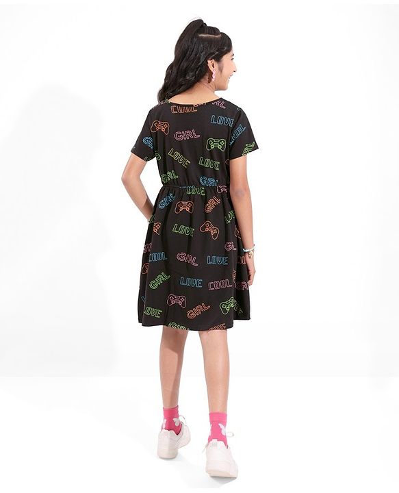 Pine Kids Cotton Knitted Text Printed Half Sleeves Frock - Black