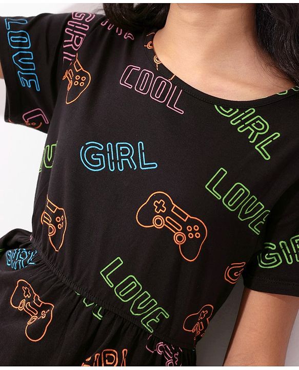 Pine Kids Cotton Knitted Text Printed Half Sleeves Frock - Black