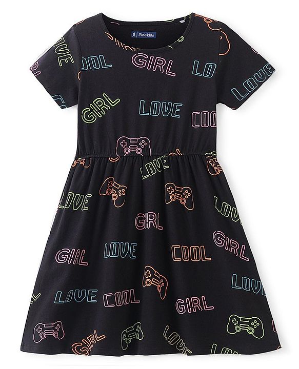 Pine Kids Cotton Knitted Text Printed Half Sleeves Frock - Black