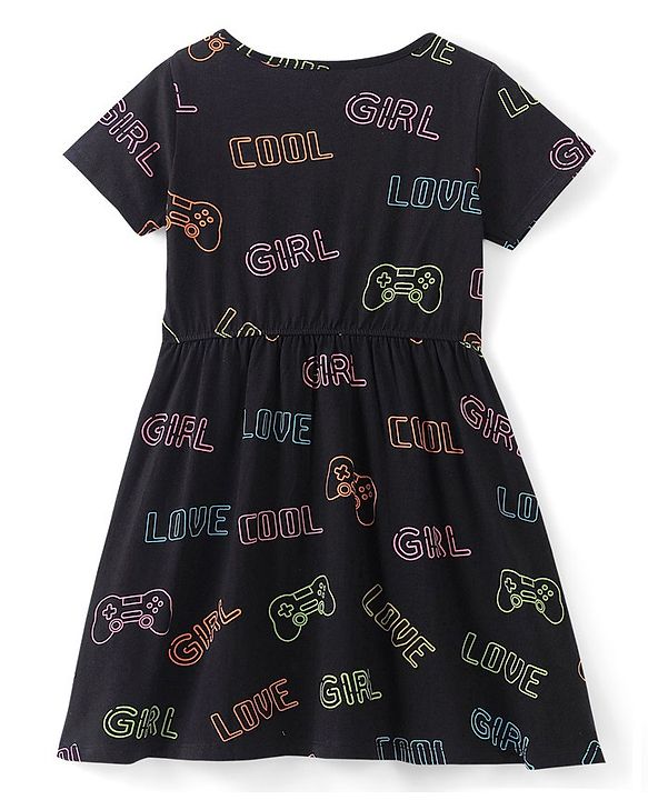 Pine Kids Cotton Knitted Text Printed Half Sleeves Frock - Black