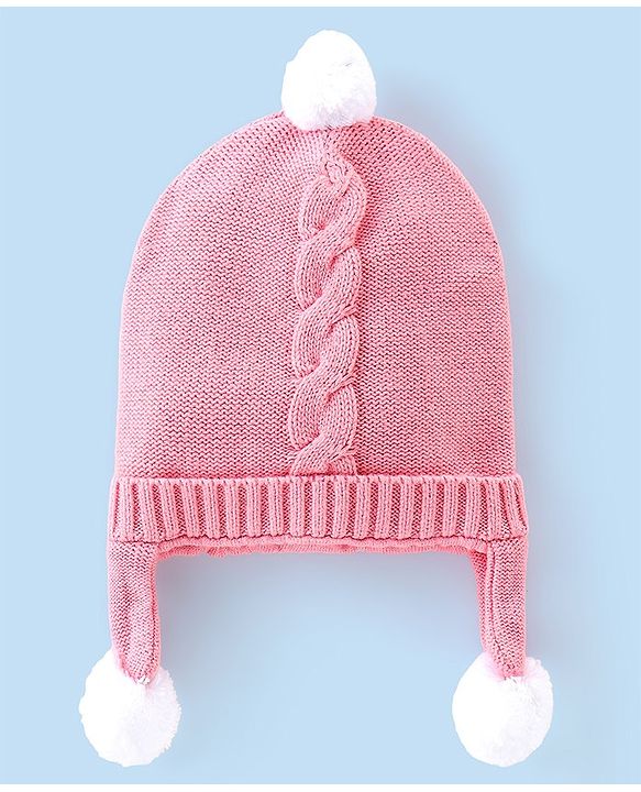 Babyhug 100% Cotton Knit Woollen Cap with Knot Design -Pink
