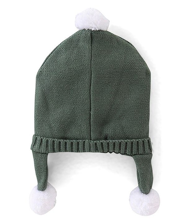 Babyhug Knitted Woolen Cap with Pom Pom Applique - Olive Green