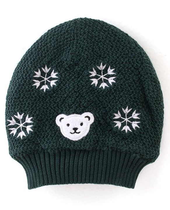 Babyhug Cotton Knit Embroidered Woollen Cap Olive Green - Diameter 10.5 cm