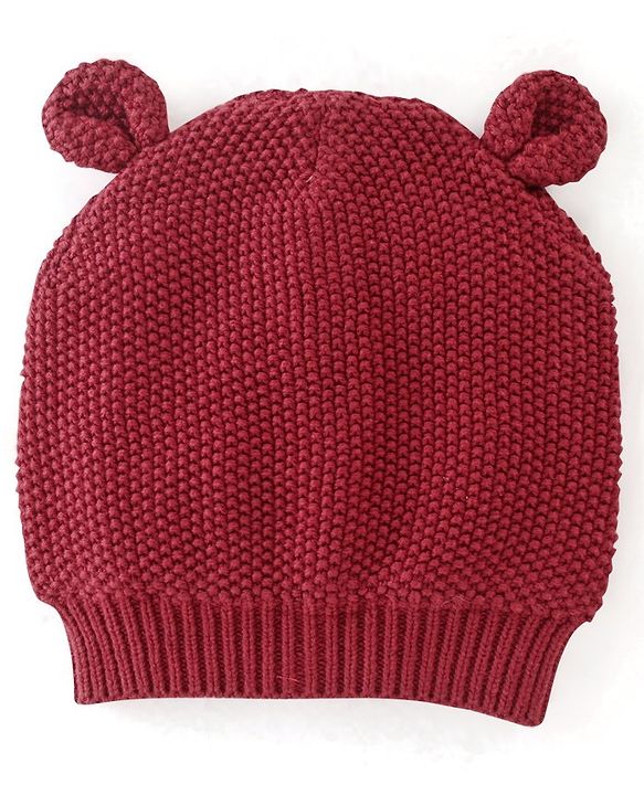 Babyhug 100% Cotton Cable Knit Design Woollen Cap with Ear Applique - Red