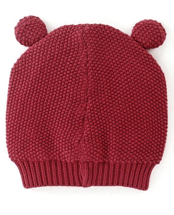 Babyhug 100% Cotton Cable Knit Design Woollen Cap with Ear Applique - Red