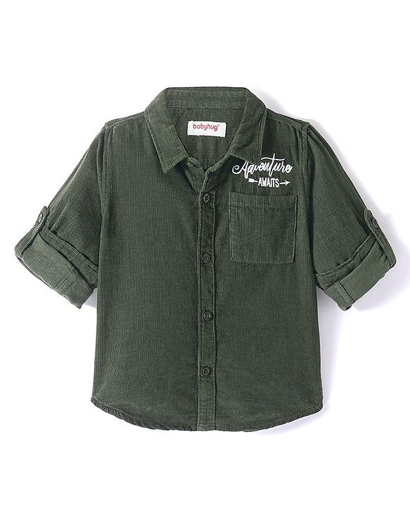 Babyhug Full Sleeves One Pocket Corduroy Shirt Text Embroidery - Olive