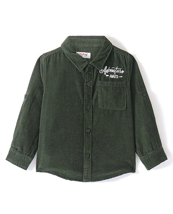 Babyhug Full Sleeves One Pocket Corduroy Shirt Text Embroidery - Olive