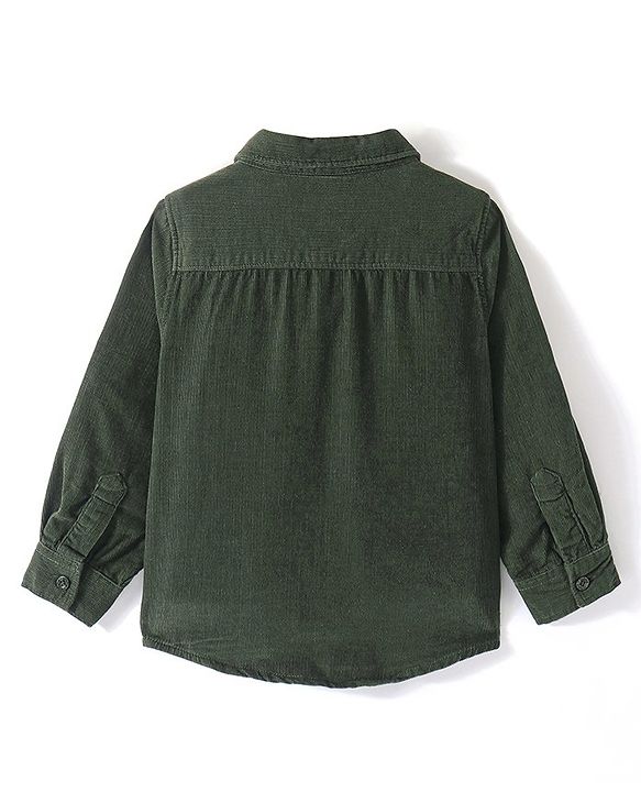 Babyhug Full Sleeves One Pocket Corduroy Shirt Text Embroidery - Olive