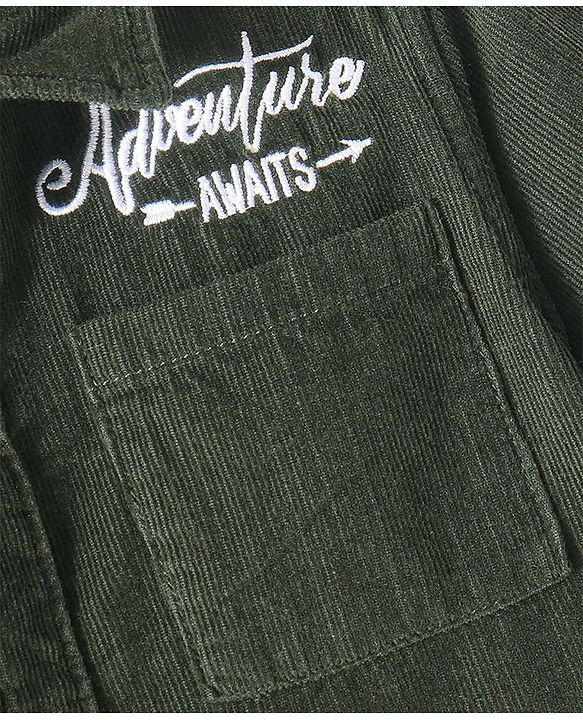 Babyhug Full Sleeves One Pocket Corduroy Shirt Text Embroidery - Olive