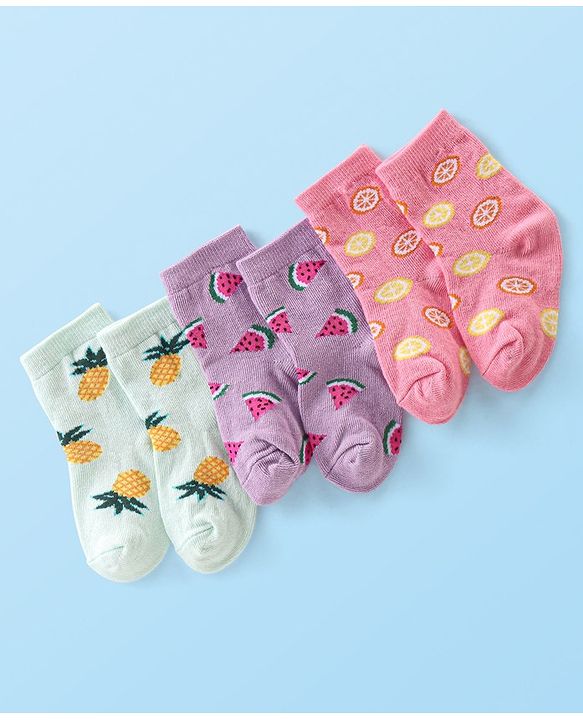 Cute Walk by Babyhug Anti-Bacterial Ankle Length Fruits Designed Socks Pack of 3 - Multicolour