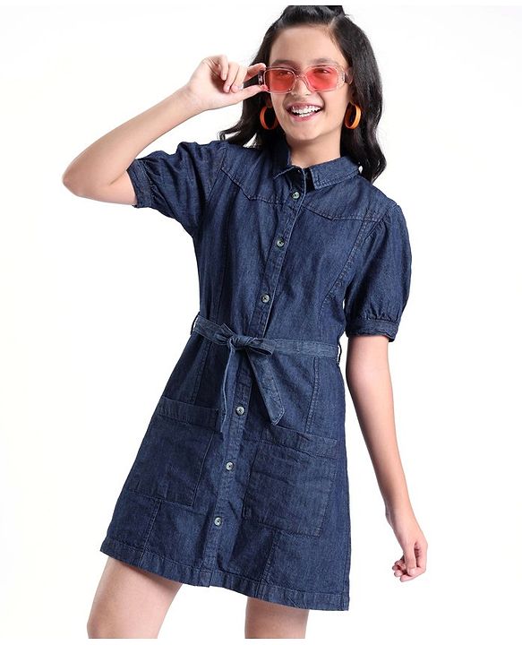 Pine Kids Cotton Woven Half Sleeves Front Full Placket Button Collared Solid Color Denim Dress With Self Fabric Belt- Blue