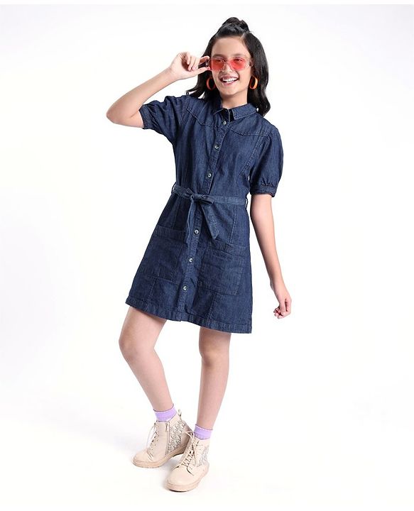 Pine Kids Cotton Woven Half Sleeves Front Full Placket Button Collared Solid Color Denim Dress With Self Fabric Belt- Blue