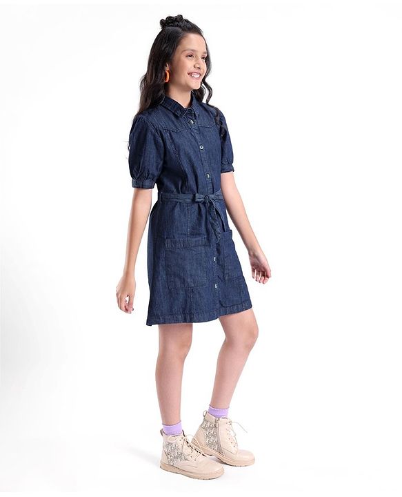 Pine Kids Cotton Woven Half Sleeves Front Full Placket Button Collared Solid Color Denim Dress With Self Fabric Belt- Blue