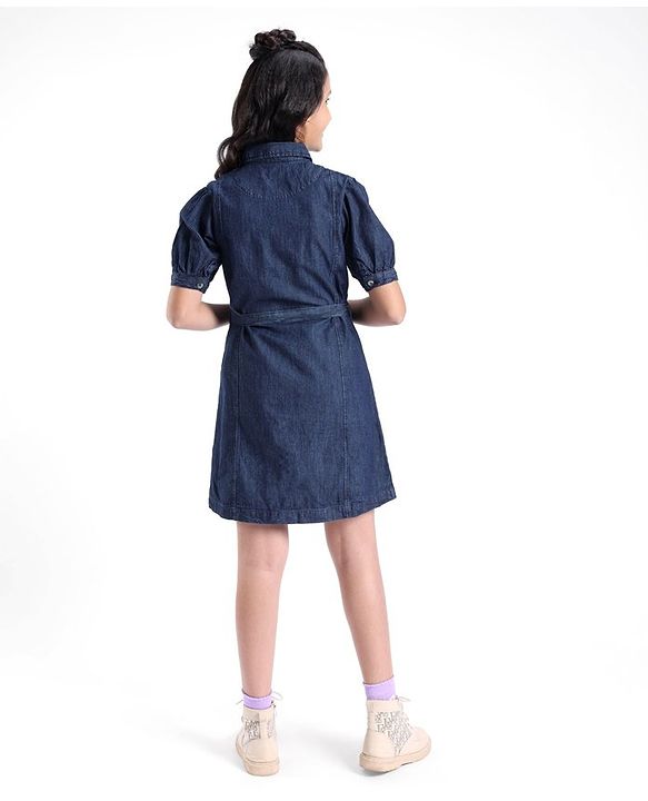 Pine Kids Cotton Woven Half Sleeves Front Full Placket Button Collared Solid Color Denim Dress With Self Fabric Belt- Blue