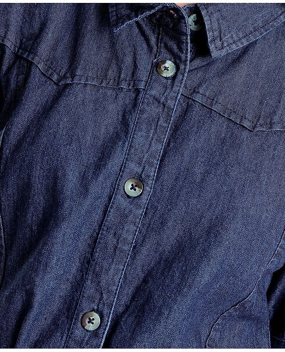 Pine Kids Cotton Woven Half Sleeves Front Full Placket Button Collared Solid Color Denim Dress With Self Fabric Belt- Blue