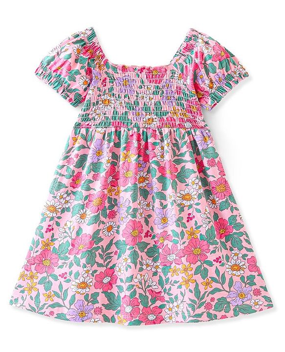 Babyhug 100% Cotton Knit Half Sleeves Frock Floral Print- Peach