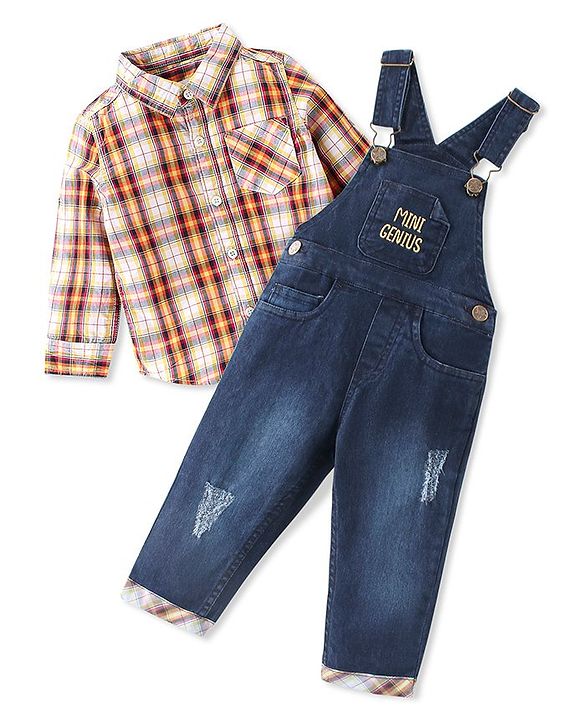 Babyhug Text Embroidered Denim Dungaree and Full Sleeves Checkered Shirt Set - Multicolor & Blue